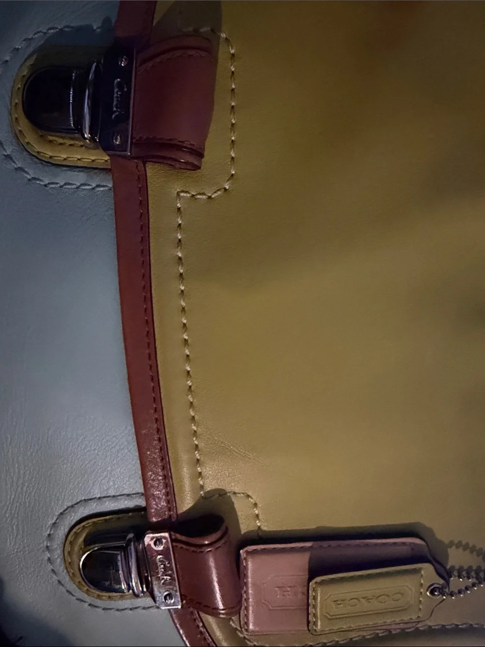 Coach Two-Tone Park Leather Satchel in Yellow and Light Blue w/crossbody strap